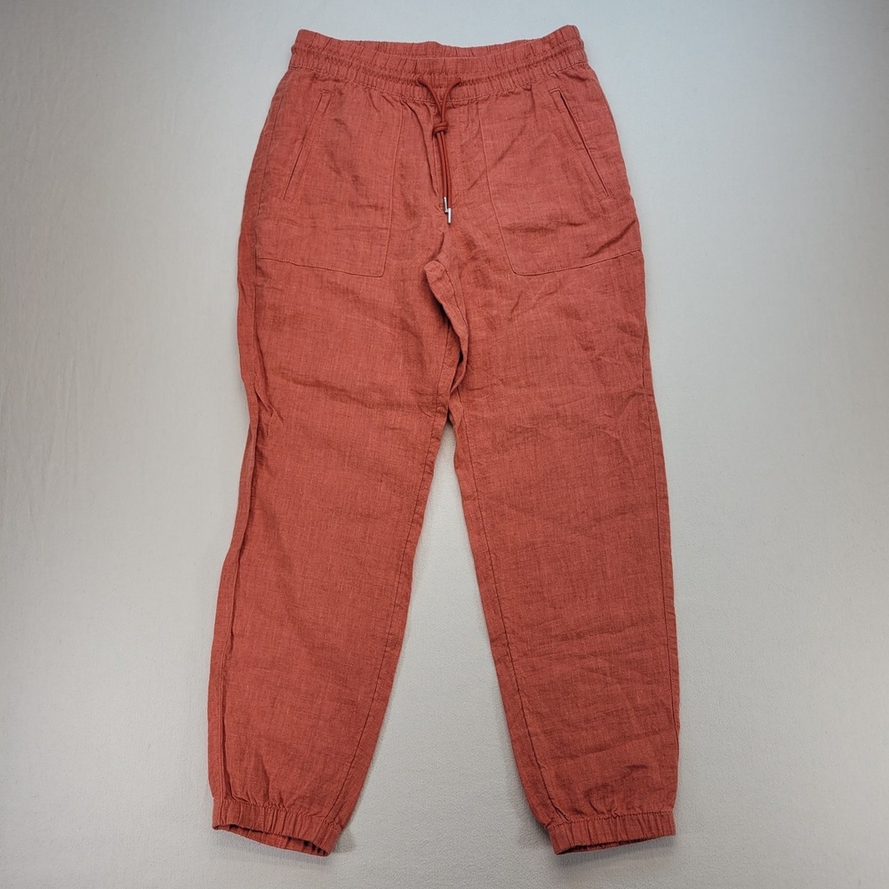 Athleta Pants Womens 4 Orange Retreat 100% Linen Joggers Zip Pockets Drawstring